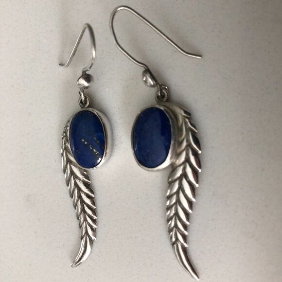 Vintage Genuine Lapis and Silver 325 Stamped Earrings w Feather Design Size OS - Picture 2 of 4